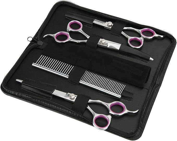 GEMEK Pet Cat Dog Grooming Scissors Set 4 Pieces Stainless Steel Professional Pet Trimmer Kit - 7.5 inch Straight Cutting, Thinning Shears, Curved, Grooming Combs