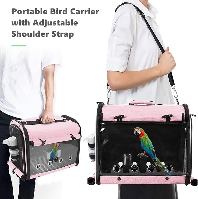 SUERTREE Bird Carrier Bag Bird Travel Cage with Stand, Lightweight Backpack for Parrot, Portable Bird Travel Bag, Pet Transparent Breathable Travel Cage, Pink