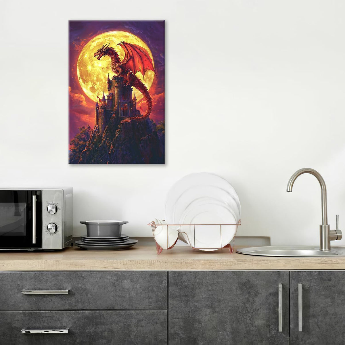 Dragon Bathroom Pictures Wall Art, Red Dragon Castle Bathroom Wall Decor, Framed Painting Canvas Artwork for Bedroom Living Room Decorations 24"L x 16"W