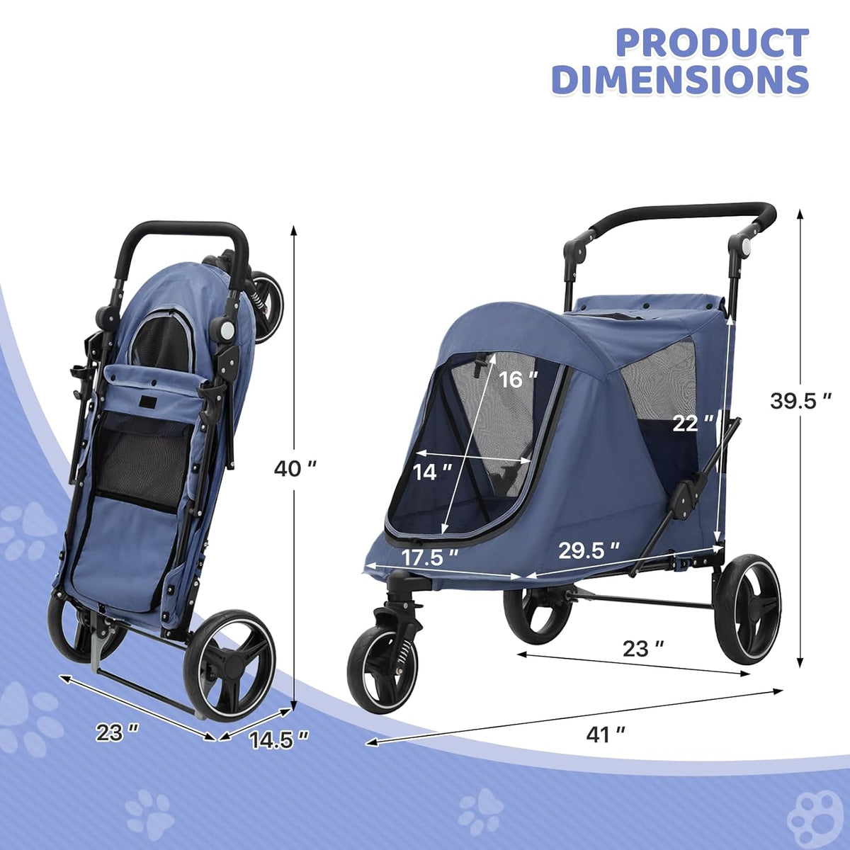 Magshion Pet Stroller for Medium Dogs w/Adjustable Handle, 3-Wheel Dog Cat Wagon w/Dual Entry, Rear Storage, Breathable Mesh, One-Foot Brake, Ideal for Large Pets up to 55 lbs, Navy Blue