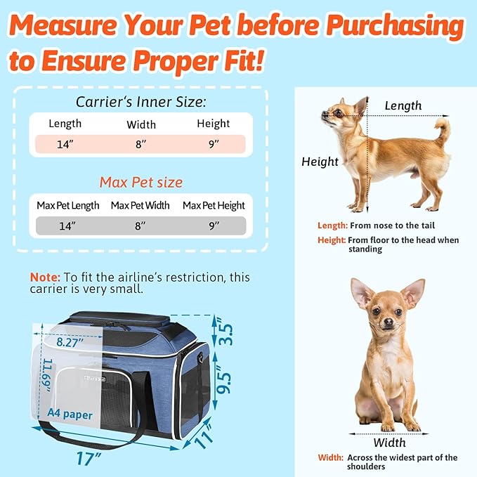 Petskd Top-Expandable Pet Carrier 17x11x9.5 Inches Alaska Airline Approved, Soft-Sided Carrier for Small Cats and Dogs with Locking Safety Zippers and Anti-Scratch Mesh(Blue)