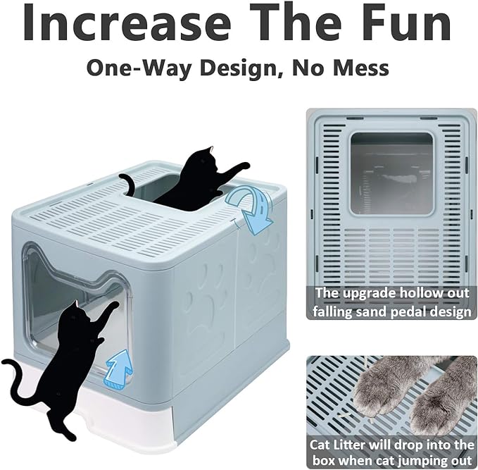 Foldable Cat Litter Box with Lid, Enclosed Potty, Large Top Entry Anti-Splashing Toilet, Easy to Clean Including Litter Scoop and 2-in-1 Cleaning Brush (Blue)