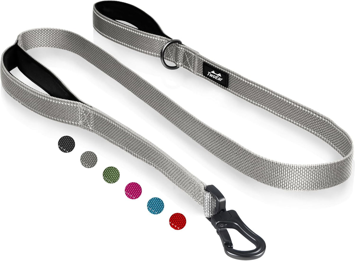 TwoEar 4FT 1IN Strong Gray Dog Leash with 2 Padded Handles, Traffic Handle Extra Control, Comfortable Soft Dual Handle, Auto Lock Hook, Reflective Walking Lead for Small Medium and Large Dogs