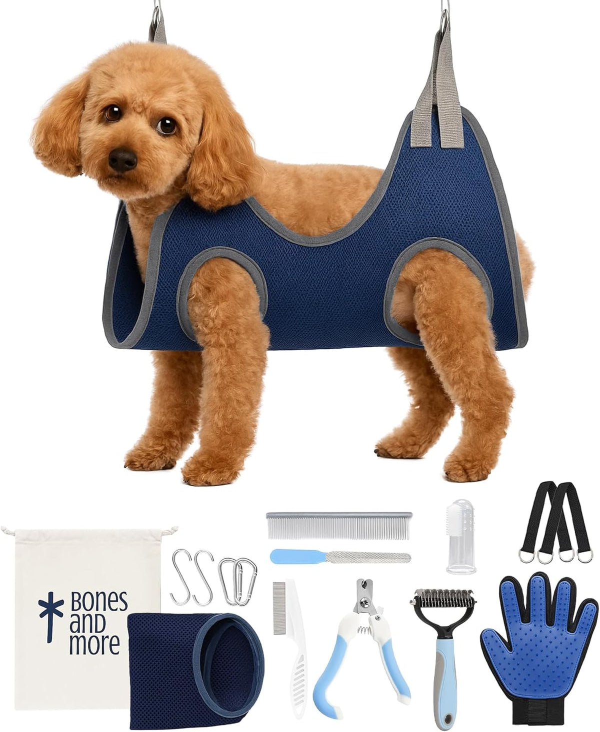 Pet Grooming Hammock Kit for Dogs & Cats, Includes Hammock Harness, Nail Clippers, Nail File, Grooming Glove, Dematting Comb, S-Hooks, Carabiners & Storage Bag for Easy Home Grooming Medium (86×52) cm