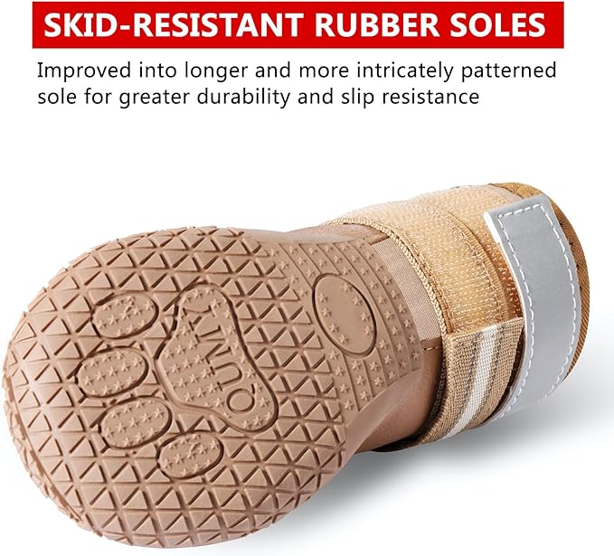 QUMY Dog Shoes for Large Dogs, Medium Dog Boots & Paw Protectors for Winter Snowy Day, Summer Hot Pavement, Waterproof in Rainy Weather, Outdoor Walking, Indoor Hardfloors Anti Slip Sole Khaki 1