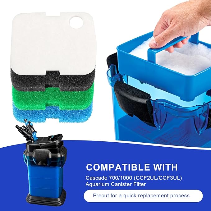 16 PCS Replacement Canister Filter Media Pad Compatible with Penn Plax Cascade 700/1000 CCF2UL/CCF3UL, Aquarium Bio Floss Pads Part, Activated Carbon Sponge Filters Pads for Fish Tank
