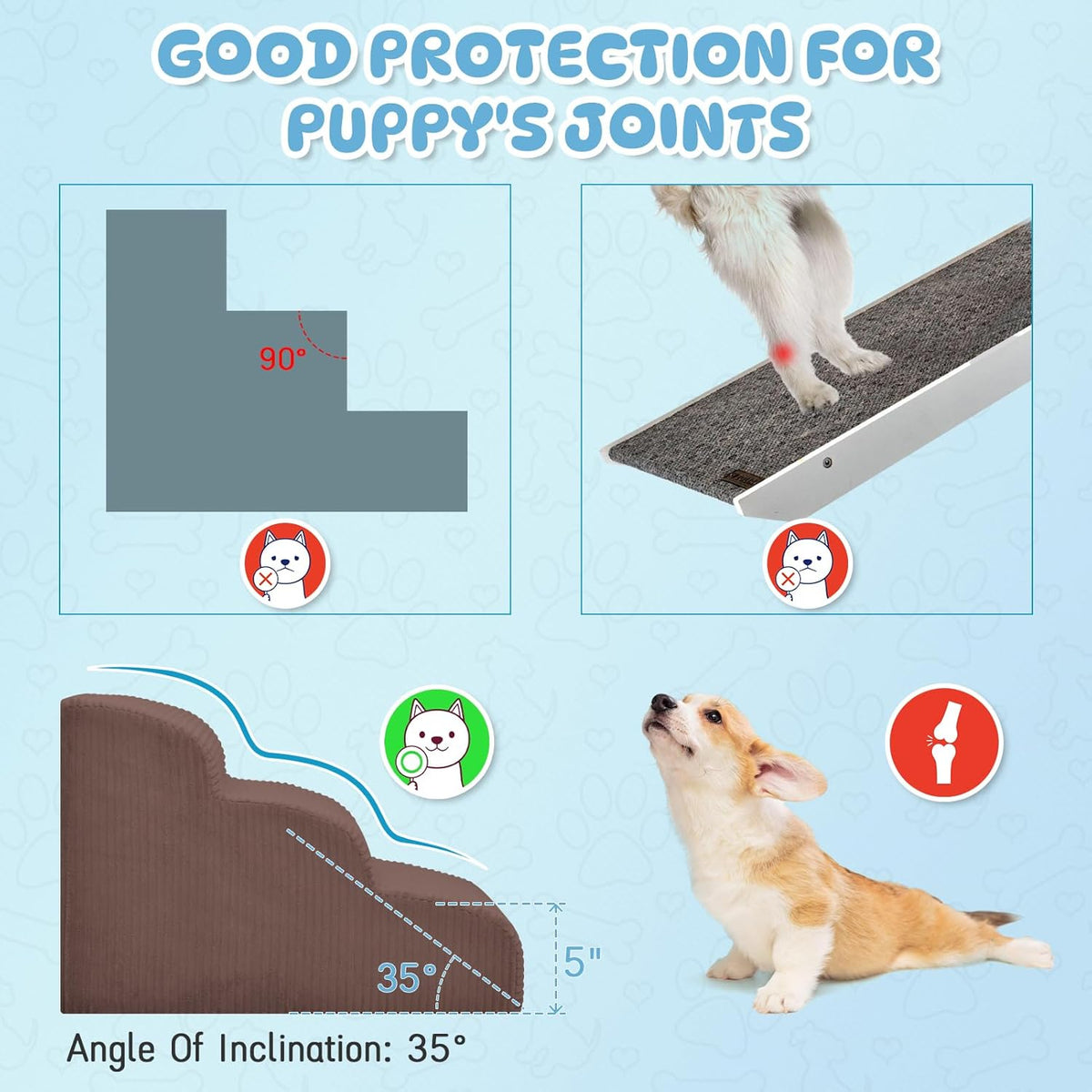 Dog Steps for Small Dogs, 3-Step Pet Ramp Stairs for High Beds and Sofa, Non-Slip Pet Stairs for Small Dogs and Cats, Removable and Easy to Clean Cover, Coffee