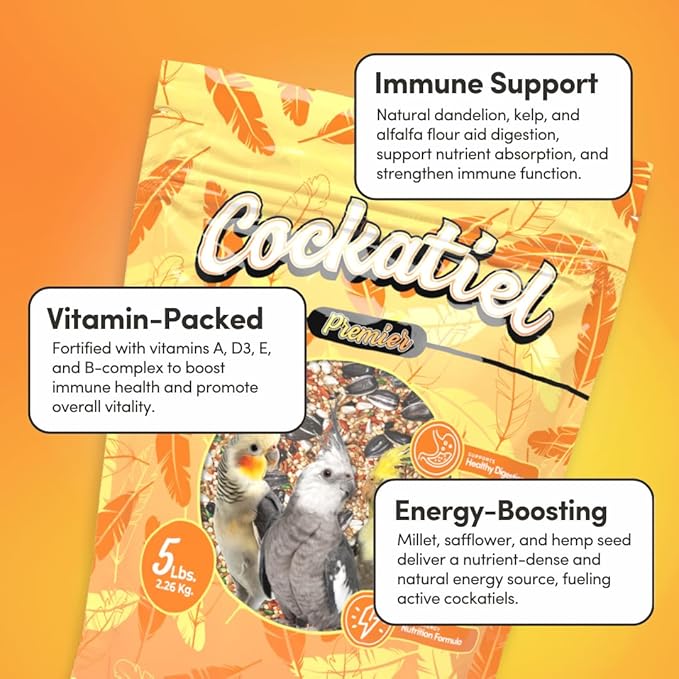 Mycelium Cockatiel Premier Bird Seed (5 LB Bag) | Organic Bird Food Fortified with Vitamins for Immunity, Energy & Digestion | Dust-Free, Daily Nutrition for Pet Birds | Non-GMO, USA Made