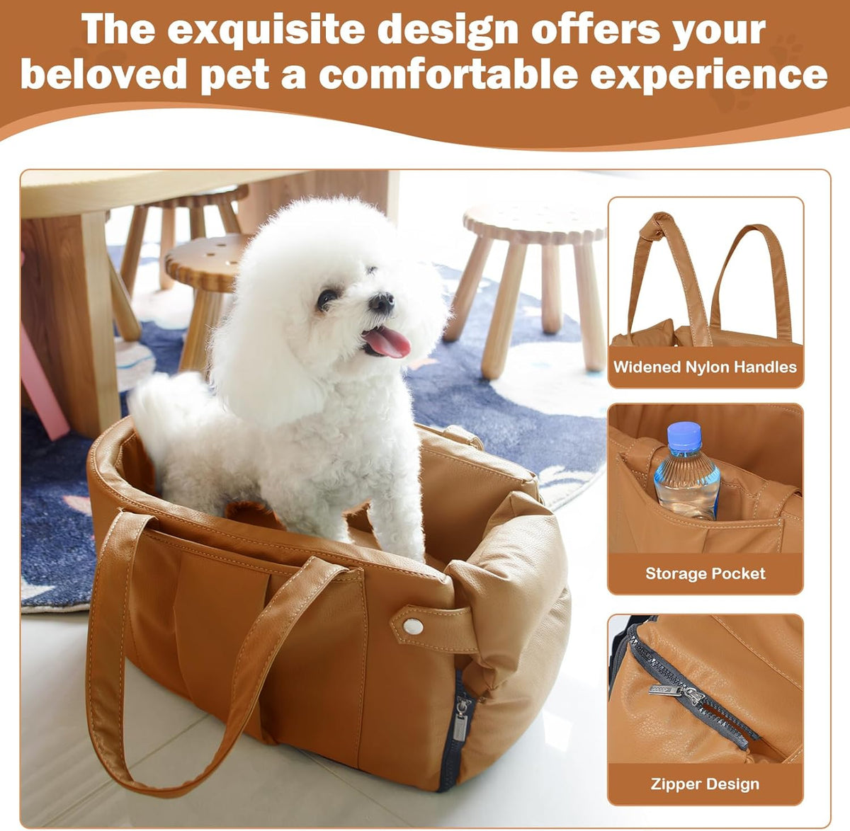 2 and 1 Center Console Dog Car Seat & Carrier for Small Dogs, Large Leather Dog Car Bed with Storage Pocket, Waterproof PVC Leather Seat Travel Bed for Front & Back Seat, Clip-On Safety Leash