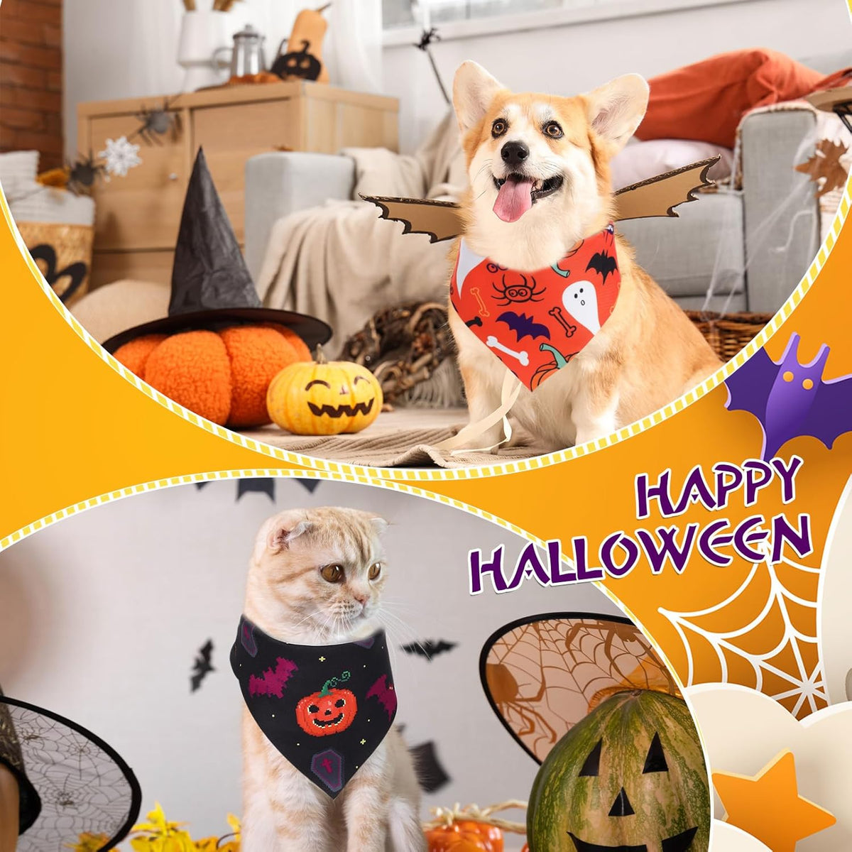 Abbylike 100 Pcs Halloween Dog Bandanas Bulk Pumpkin Bandanas for Dogs Triangle Kerchief Bibs Scarf Set for Pet Halloween Costume Photo Props Accessories Pet Shops, 25 Styles (31.5 x 21.7 x 21.7)