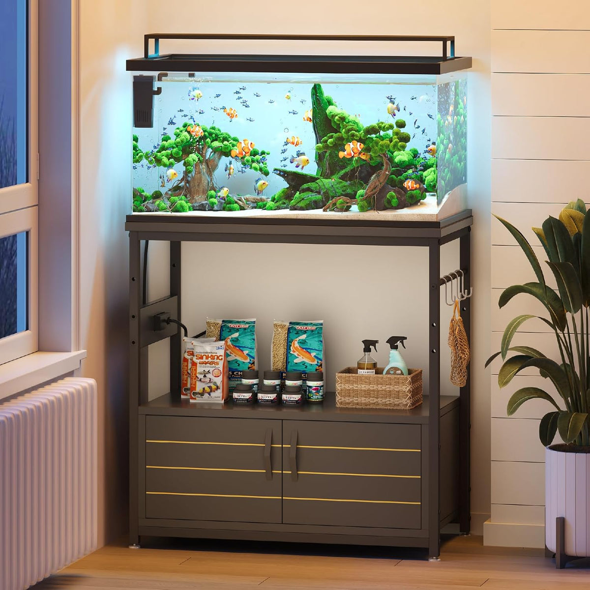 Bestier 20-29 Gallon Fish Tank Stand with Power Outlets, Metal Long Aquarium Stand with Storage Cabinet, 31x15 Reptile Terrarium Stand with Horizontal Gold Line, Stainless Hooks, 350 Lbs(Black)