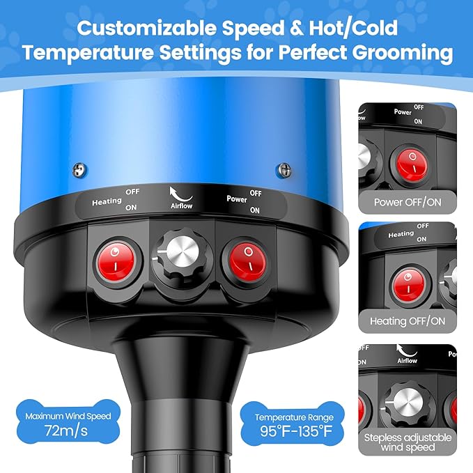 Dog Dryer, 5.2HP/3800W High Velocity Dog Hair Dryer with 4 Nozzles, Stepless Adjustable Speed & Temperature Control, Low Noise Professional Dog Grooming Dryer (Blue)