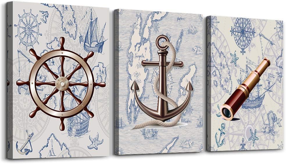 ocean theme steering wheel telescope ship pendant Canvas Prints bathroom Wall Art for Bedroom Wall decor Artworks Pictures wall decorations for living room,3 piece Home decor kitchen wall paintings
