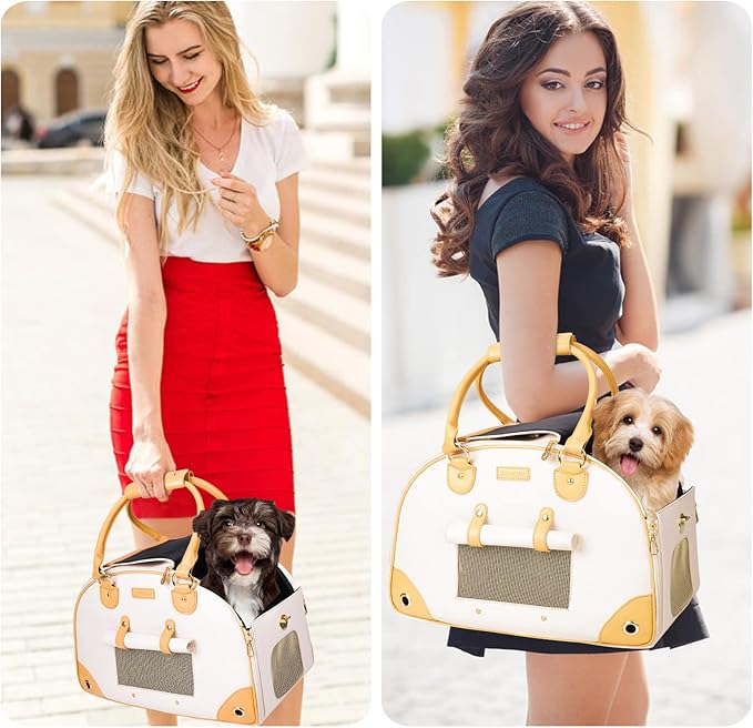Foldable Premium PU Leather Dog Purse - Portable Pet Carrier Tote Bag for Small to Medium Cats and Dogs (Creamy White - Small)