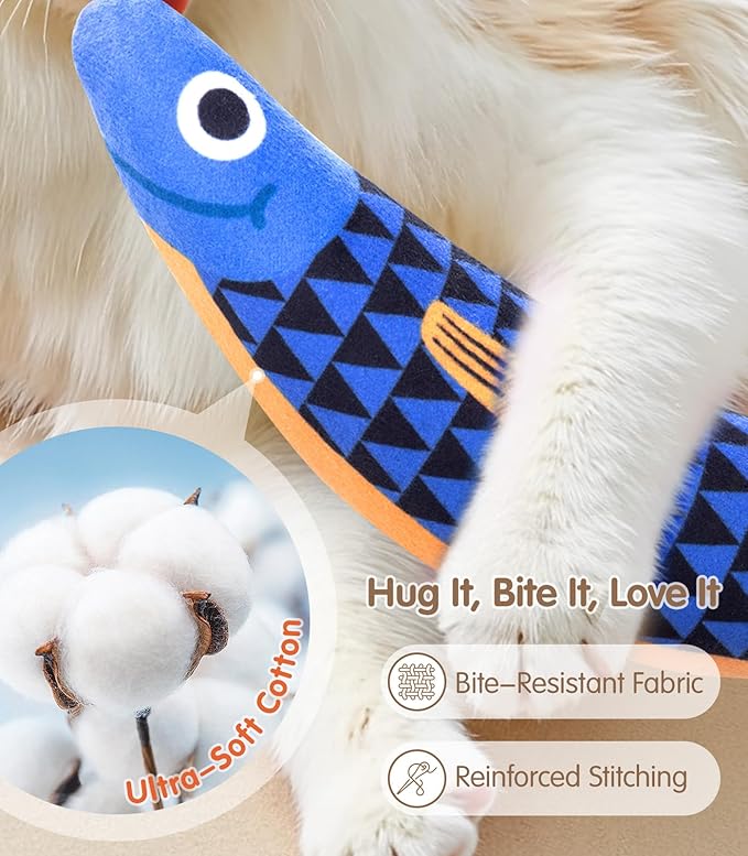 Interactive Cat Toys with[5000mg Premium A+Catnip &Silvervine][Baby Grade] Soft Chew Kicker Cat Toys for Indoor Cats & Kittens, Crinkle &Rattle Fish Sound Toy, Drives Bored Cats Crazy with Fun,3 Pack