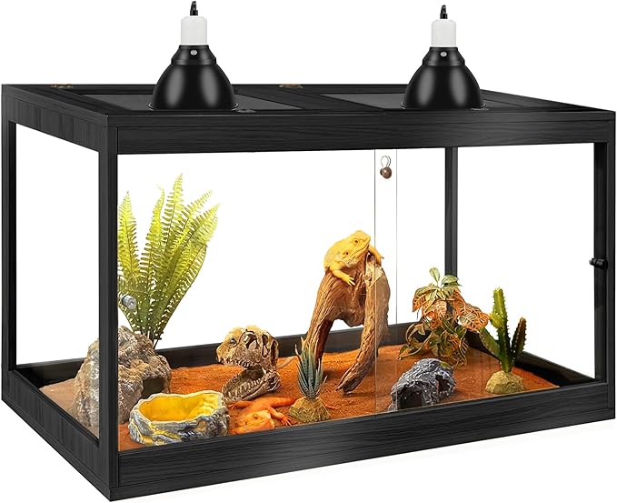 PROLEE Bearded Dragon Tank,28 Gallon Tempered Glass Reptile Tank with Mesh Roof and Front Sliding Door, Anti-Scratch Lizard Tank,Spacious Reptile Enclosure for Snakes,Lguanas, Chameleons(Black)