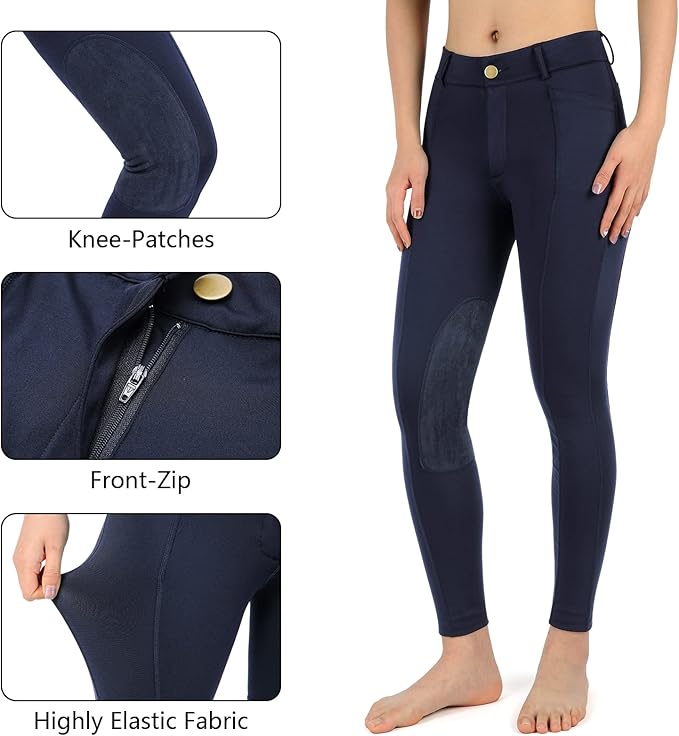 beroy Kids Horse Riding Knee-Patches Pants Girls Equestrian Front-Zip Breeches Legging with Pockets