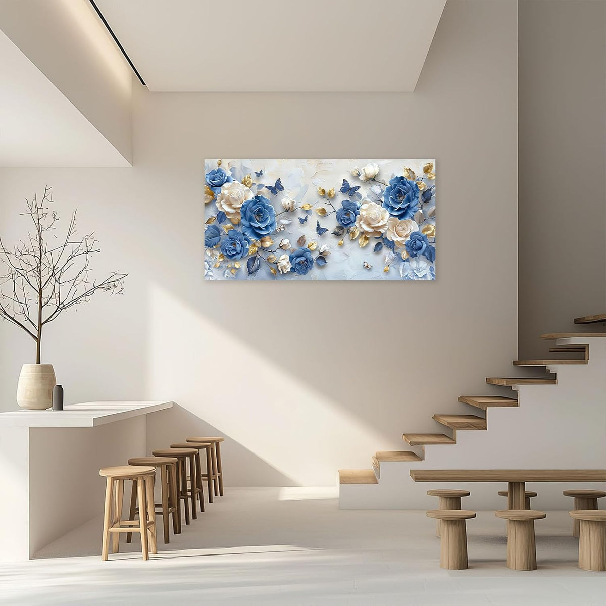 Large Flower Wall Art Canvas Living Room Floral Pictures Framed Prints Oversize Wall Decor Blue Butterfly Painting for Bedroom Dining Office Home 60"x30"