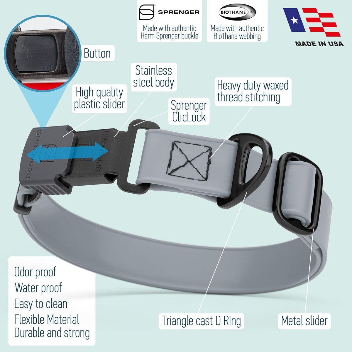 Dogline Biothane Waterproof Dog Collar with Herm Sprenger Stainless Steel Quick Release Buckle – Heavy Duty Tactical Durable Collar for Dogs – Comfortable and Safe Pet Collar, W 3/4" L 12-19", Gray
