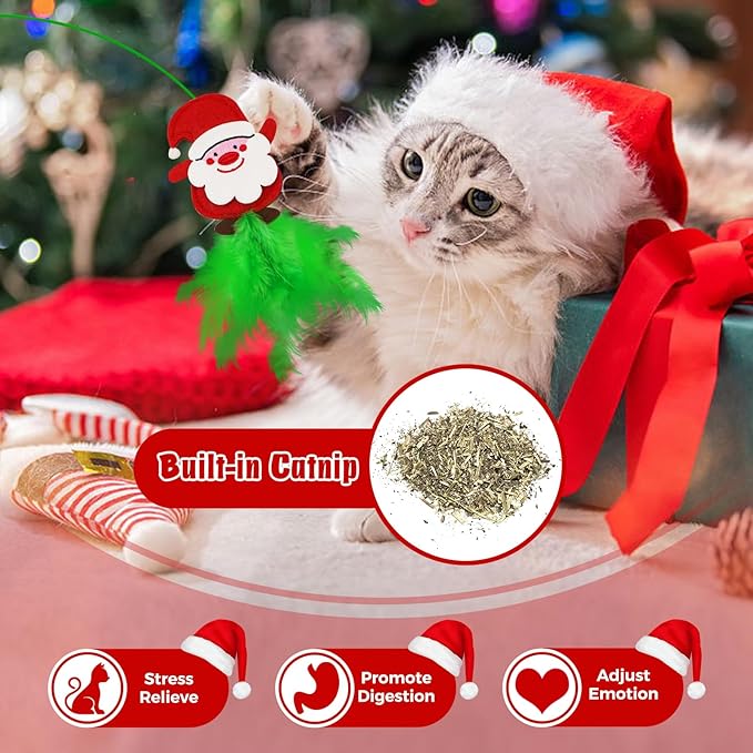 Christmas Cat Toys，4 Pack Cat Wand Toys for Indoor Cats Gifts with Catnip and Feathers, Wand for Cats and Kitten