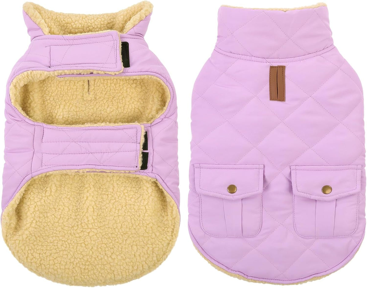 Queenmore Warm Dog Coat, Cold Weather Puffer Dog Coat Vest, Quilting Winter Pet Jacket Ultra Thick Plush Fleece Lining Pet Clothes for Dogs with Storage Pockets (Lilac, Medium)
