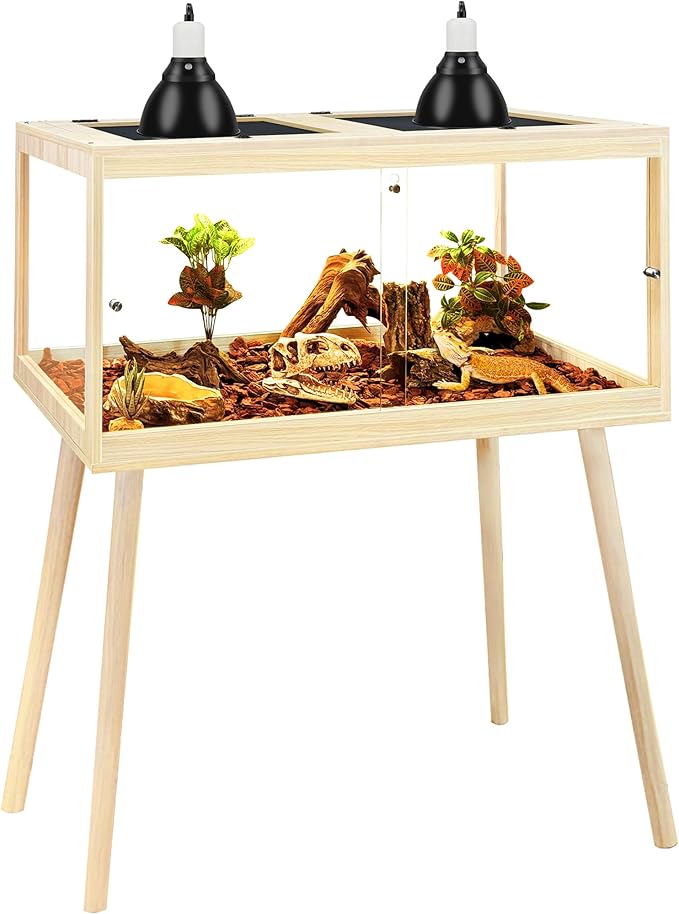 Prolee Bearded Dragon Tank with Leg Stand,Wooden Lizard Tank,Reptile Tank with Metal Mesh Roof Door, Acrylic Panel Snake Tank with Lock Design (Oak, 40"x20"x20")