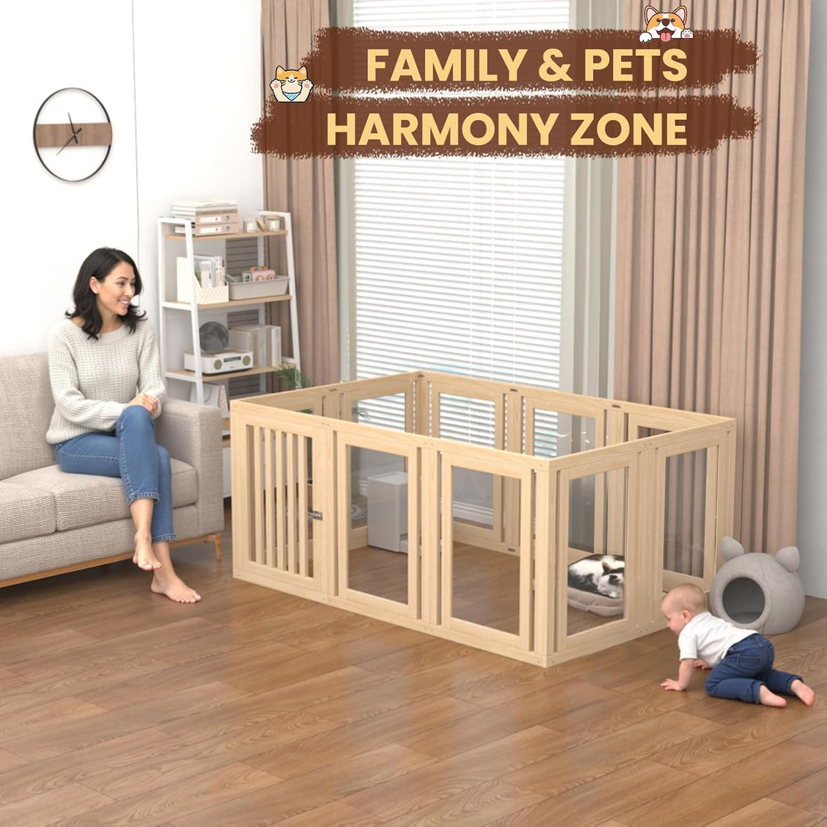 10 Panels Dog Playpen with Door, 23.6" H Pet Playpen Indoor, Clear Acrylic Puppy Playpens, Wooden Puppy Fence with Gate, Transparent Dog Pens, Pet Pen Indoor for Dogs, Cats, Rabbit (Wood)