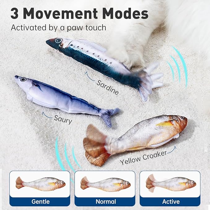 Petgravity Bite-Sized Realistic Flopping Fish Cat Toys, 3 Pack, Interactive Cat Toys for All Breeds, Tap-Activated 3 Flapping Mode, Sardine/Saury/Yellow Croaker, 7.1 Inches, with Catnip, Rechargeable
