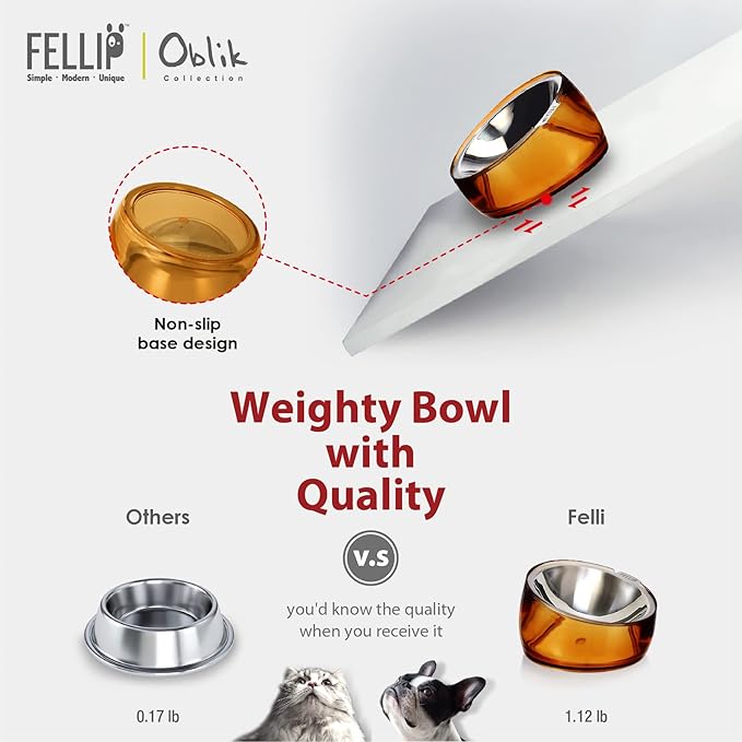 Felli Pet Oblik Anti Whisker Fatigue & Regurgitation Raised Cat Food Water Bowl, Tilted Stainless Steel Shallow Dish Dishwasher Easy Clean, Elevated Dry Wet Metal Feeder Slanted Plate (0.5Cups, Gold)