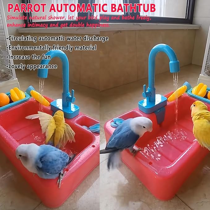 kathson Parrot Bathtub,Automatic Bird Shower Box,Multifunctional Parakeet Bathtub with Faucet,Bird Bathing Tub Pool Toy for Small Medium Birds Cockatiel Lovebird Budgie（Red-Orange）