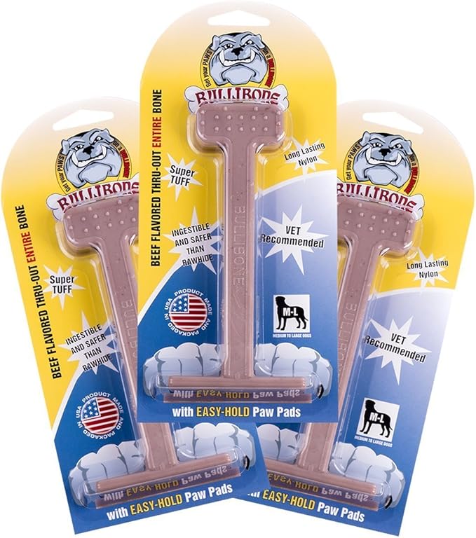 Bullibone Nylon Dog Chew Toy for Aggressive Chewers - Dental Hygiene Bone with Beef Flavor, Durable Tough Chew Toys for Large Dogs, Indestructible Dog Bone - 3 Pack