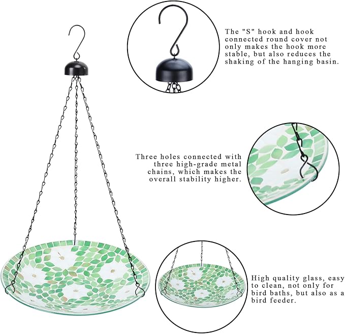 VCUTEKA Hanging Bird Bath, Glass Mosaic Bird Baths for Outdoors Birdfeeder with 21 inch Rust-Proof Chain for Garden Yard Decor