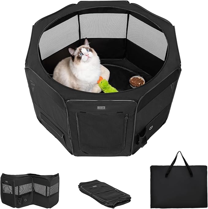 PETSFIT 29" Puppy Playpen with Removable Waterproof Mat & Zippered Roof | RV, Camping, Travel Dog Pen | Indoor/Outdoor Whelping & Cat Observation Space(29.5"x29.5"x16.5"H)