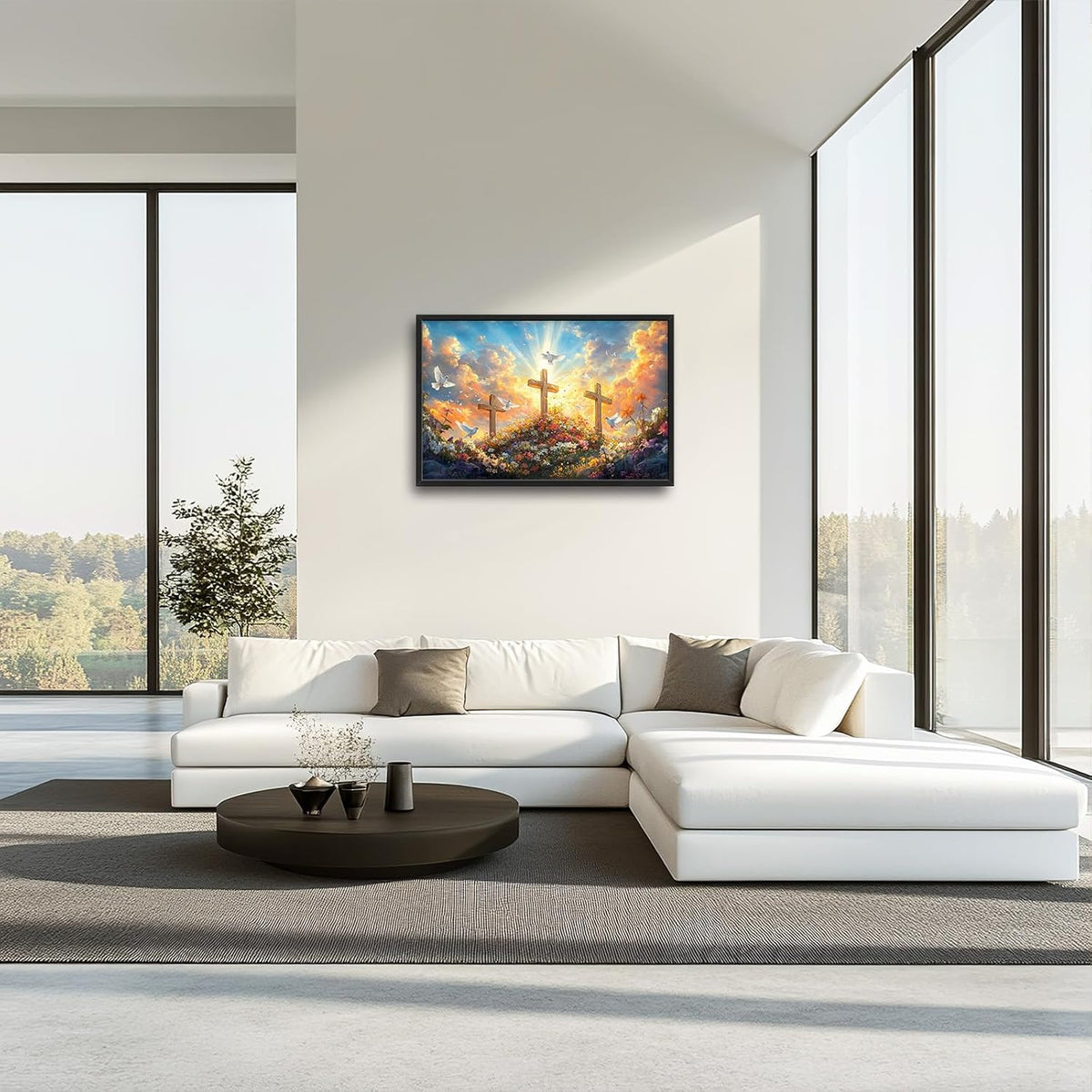 Framed Large Christian Jesus Wall Art, Oversized Floral Dove Wall Decor for Living Room, Landscape Canvas Painting Peaceful Pictures Modern Artwork for Living Room Bedroom Office 36"x24"