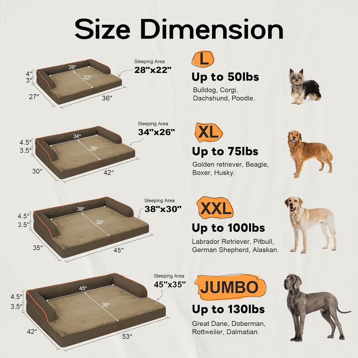 Large Dog Bed Orthopedic Washable: Extra Brown XL XLarge Big Dog Bed with Washable Bolster & Memory Foam Couch Sofa - Waterproof with Removable Cover