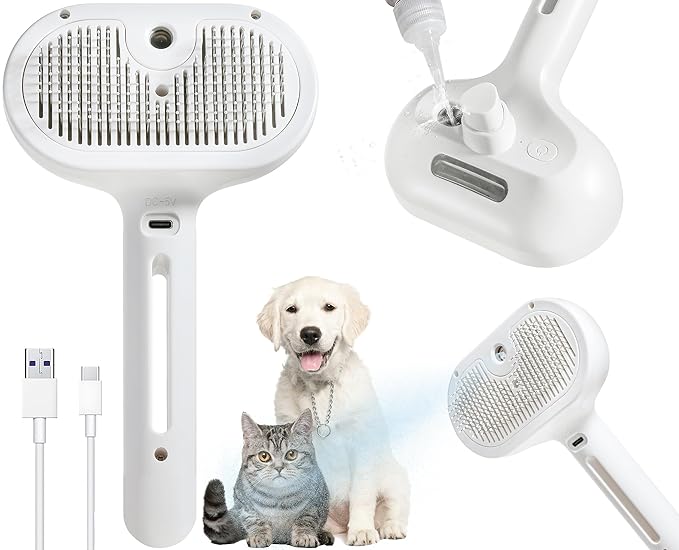 3-in-1 Steam Brush for Cats & Dogs – Hair Removal Comb with One-Click Release & Water Spray – Grooming Brush for Shedding, Long/Short Hair