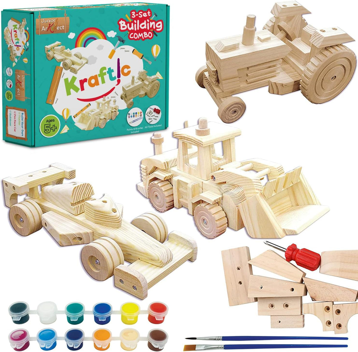 Kraftic Woodworking Building Kit for Kids, with 3 Educational DIY Carpentry Construction Wood Model Kit Toy Projects for Boys and Girls- Tractor, Bulldozer and Racing Car