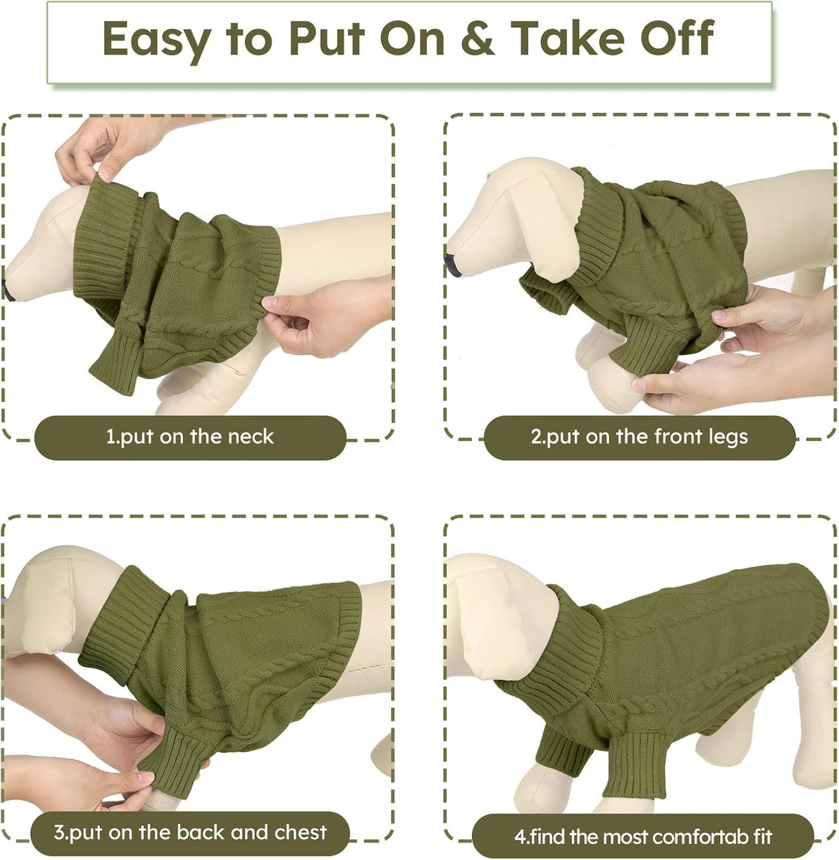 Queenmore Small Dog Pullover Sweater, Cold Weather Cable Knitwear, Classic Turtleneck Thick Warm Clothes for Chihuahua, Bulldog, Dachshund, Pugl,OliveGreen,XL