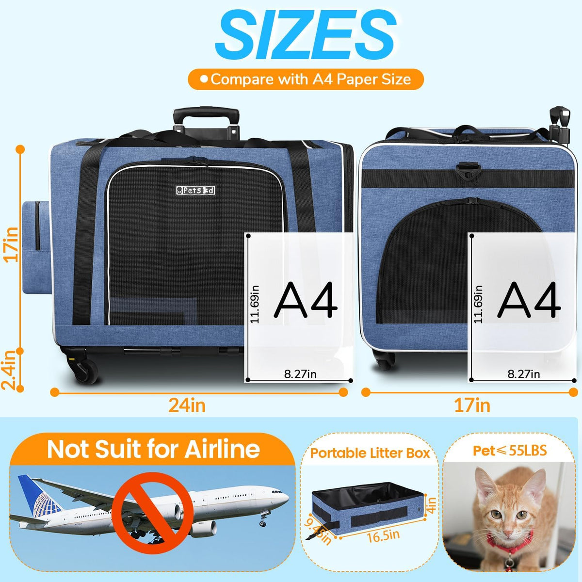 Petskd Extra Large Cat Carrier with Wheels and Litter Box 24"x17"x17" for Large Cat or 2 Small Cats, Collapsible Soft Sided Pet Carrier for Car Travel with Lockable Safety Zippers(Blue)
