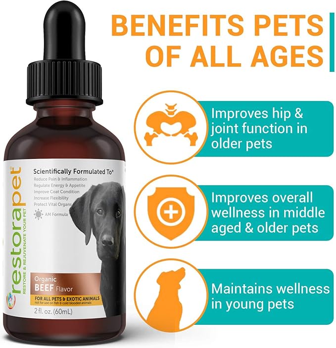 RestoraPet 4-Pack Dog & Cat Beef Liquid Multivitamin | Dog Arthritis Pain Relief | Hip & Joint Vitamins for Dogs - Anti Inflammatory Supplement for Dogs & Cats | Organic & Non-GMO, Vet Approved