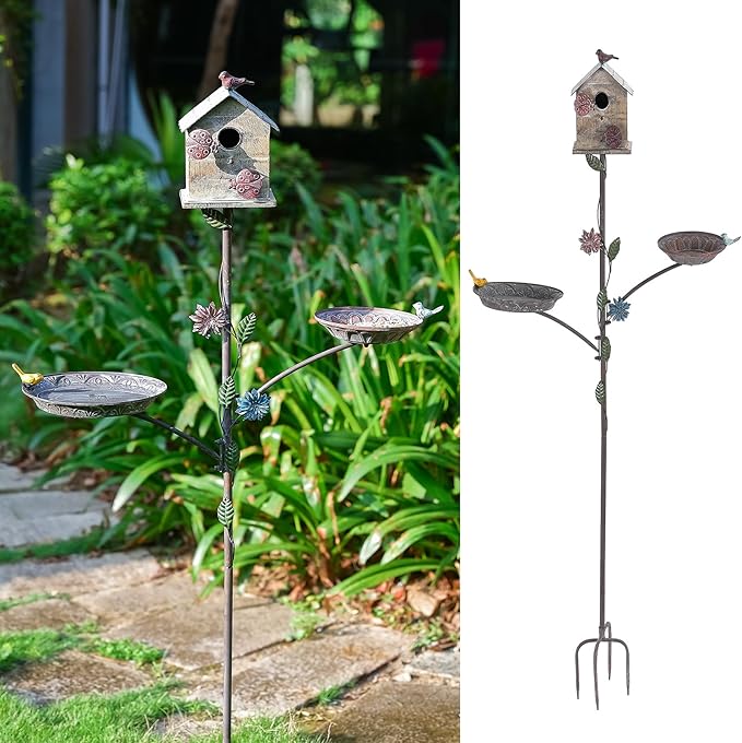 Bird House for Outside with Stake & Bird Feeder/Bath Bowl - Free Standing 3 in 1 Bird Feeder Tray, Bird Bath Bowl, Birdhouse for Outdoors on Pole Garden Yard Deco - 69" H