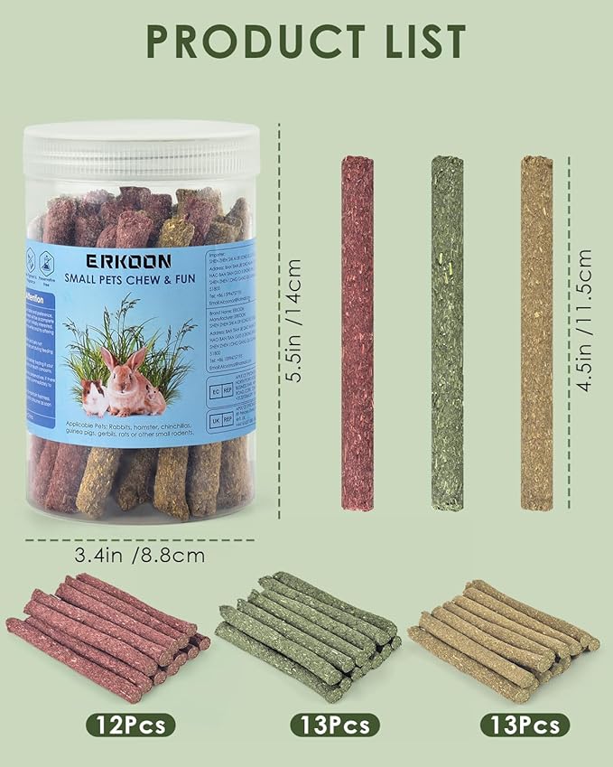 ERKOON 38Pcs Timothy Hay Sticks, Guinea Pig Toys, Rabbit Chew Toys for Teeth Natural Molar Sticks Rabbits Treats for Bunnies, Chinchilla, Guinea Pigs, Gerbil, Hamster