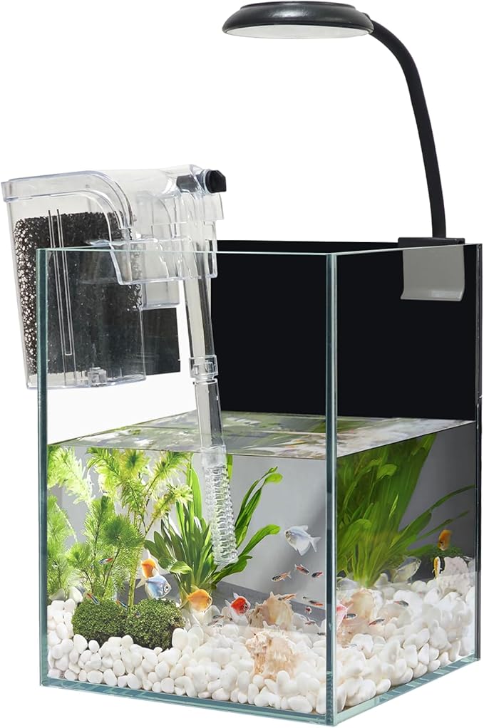 White Glass Betta Aquarium Starter Kits 1.2 Gallon Betta Fish Tank Starter Kit - LED Light & Self-Cleaning Filter Included