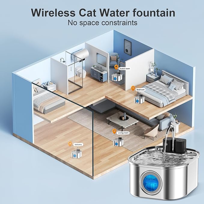Cat Water Fountain Wireless，Stainless Steel-Rechargeable- Battery Operated Cat Water Fountain, 108oz/ 3.2l Automatic Cordless Pet Fountain ，Dog Fountain with 4200 Mah Battery