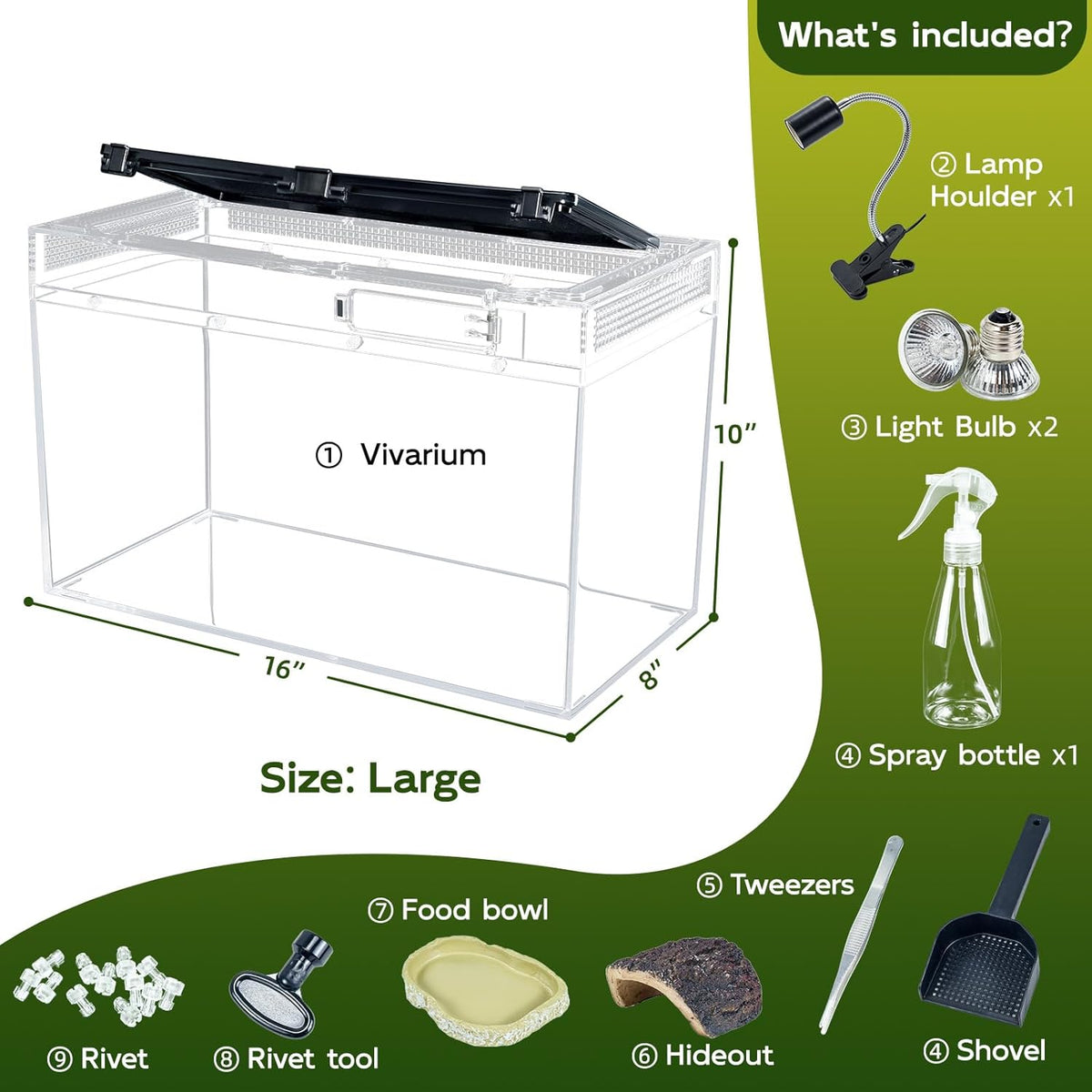 16×10×8'' Reptile Tank Kit with Heat Lamp, Spray Bottle, Shovel, Tweezers, Food Bowl, Hideout -Perfect for Geckos, Bearded Dragons, Snakes, Lizards, Turtles 360° Viewing, PC Glass
