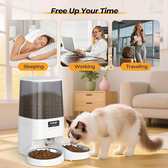 Automatic Cat Feeder with App Control, 5L Food Dispenser for 2 Cats, 2.4/5G WiFi, Dual Power, Programmable Portions, Anti-Jam & Fresh-Lock, Stainless Steel Bowls, Easy to Clean
