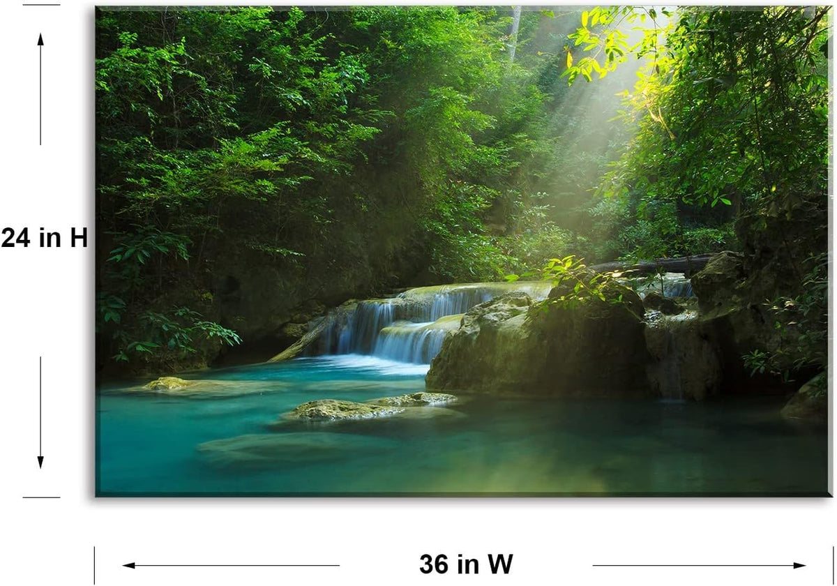 Silent Summer Forest Landscape Stretched Canvas Wall Art for Living Room Home, Bright Sun Shine on Stream Scenery Picture Print Artwork Decoration Painting Decor, Gallery Wrapped, Inner Frame (24x36)
