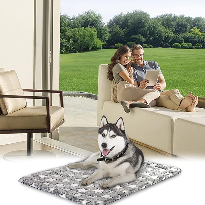 KROSER Fancy Crate Pad Bed Mat Reversible (Cool & Warm), Machine Washable, for Small to XXX-Large Dogs, Grey, Navy, Star Pattern