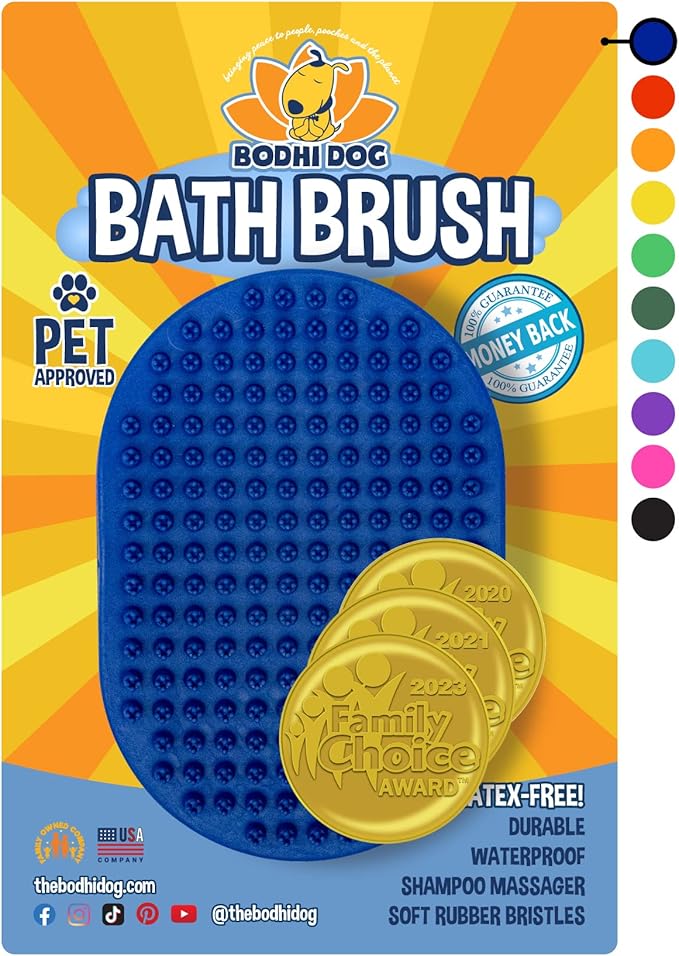 Bodhi Dog Stainless Steel Comb & Shampoo Brush - Bath & Shower Supplies for Dogs & Cats - Removes Shedding, Mats & Tangles - Pet Grooming Scrubber Bundle (Blue)