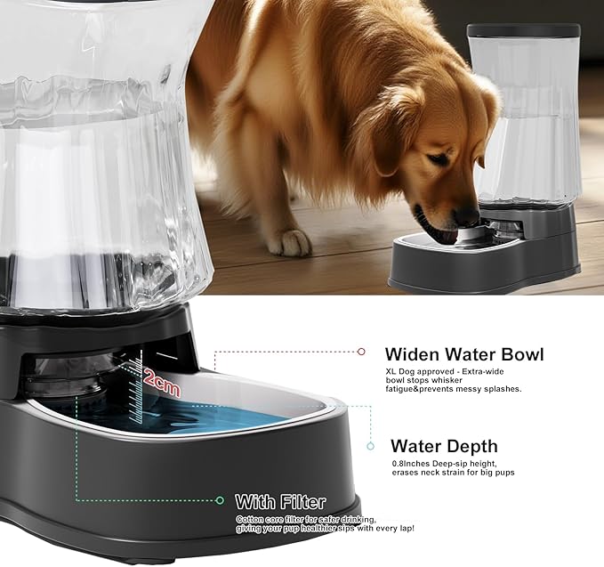 Gardner Pet Automatic Gravity Water Dispenser for Dogs, 1.6Gallon Large Dog Water Bowl Dispenser with Stainless Steel, 100% BPA-Free Pet Water Fountain with Filter for Dogs, Cats, Puppies(Black)